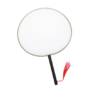 Detail of round blank silk fan with green floral border and black bamboo-style handle