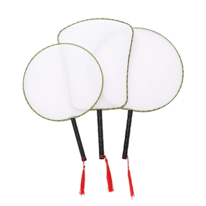 Three-piece blank white Chinese Tuanshan fans with black bamboo handles and red tassels