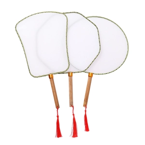 Three DIY blank Chinese silk fans with long bamboo handles and red silk tassels