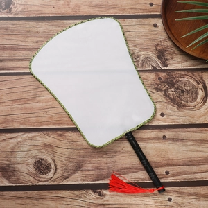 Blank white DIY silk hand fan with green border, black handle and long red silk tassel