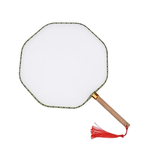 Octagonal blank hand fan with green geometric border, wood handle and red tassel detail