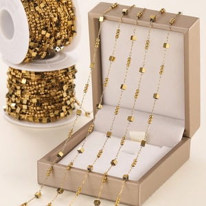 Detail of 18K gold-plated cube and bead chain for DIY necklace and jewelry making