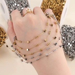 DIY stainless steel necklace chains with cube beads in gold and silver tones for jewelry