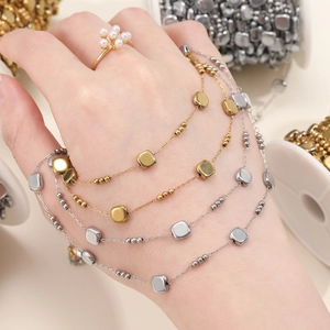 Gold and silver square link chain with cylindrical beads for DIY necklace jewelry making