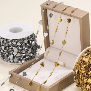 Golden and steel stainless steel heart chain with round beads for DIY jewelry making