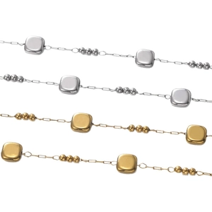 Square link and bead chain necklaces in gold and silver finish stainless steel