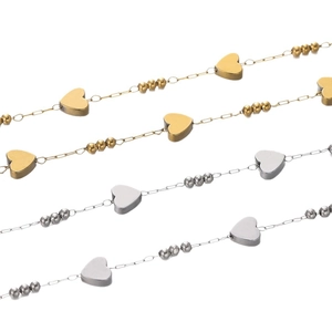 Polished stainless steel heart and bead charm link chains in gold and silver finishes