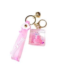 Pink Capybara liquid quicksand keychain with sweet heart wrist strap and golden bell