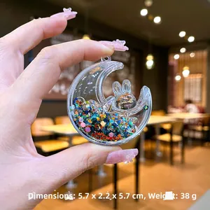 Porte-clés acrylique lumineux en forme de lune avec paillettes et figurine de lapin