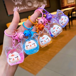 Porte-clés Bouteille de Sable Mouvant Renard Dessin Animé Acrylique Paillettes Liquides Pendentif de Sac Avec Cloche pour Cadeau