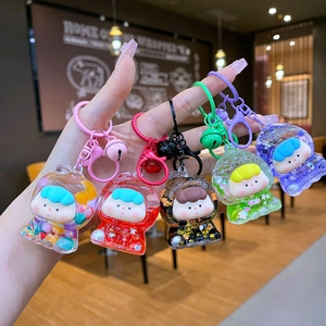 Cute Cartoon Acrylic Quicksand Keychain Glitter Liquid Luminous Fruit Girl Bag Pendant Keyring With Bell Gift For Kids Women
