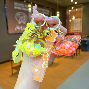 Cute heart wings liquid keychain with colorful beads and Sakura silicone wristlet strap