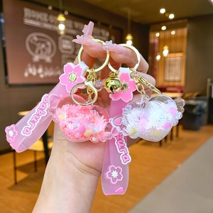 Cute Heart With Wings Liquid Quicksand Keychain Sakura Theme Acrylic Bag Pendant With Bell For Girls Gift