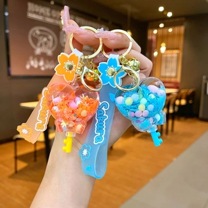 Sakura heart keychain set with flowing liquid sand, sequins and silicone hand strap