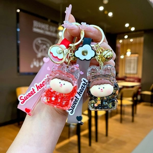 Lilith quicksand keychain with acrylic bear ears, liquid glitter, and heart strap charm