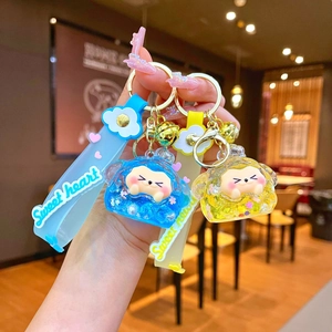 Cartoon liquid quicksand acrylic keychain with glitter and Sweet Heart silicone strap