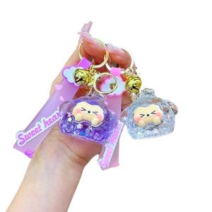 Cartoon animal liquid glitter keychain with purple quicksand and Sweet Heart wrist strap