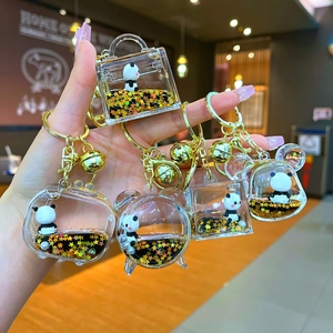 Cute Panda Liquid Quicksand Keychain Acrylic Cartoon Bear Donut Pendant With Metal Bell Glitter Floating Doll Key Ring Gift