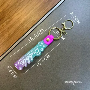 Detailed size specifications for glitter letter keychain with gradient purple strap