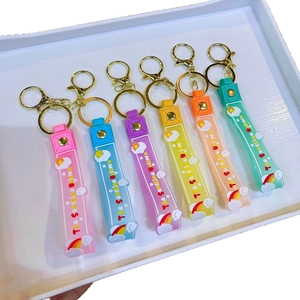 Set of 6 colorful silicone unicorn wristband keychains with golden metal ring hooks