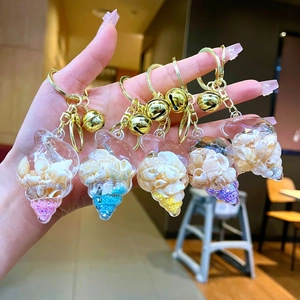 Colorful seashell liquid quicksand keychains with gold bells and charms for bags