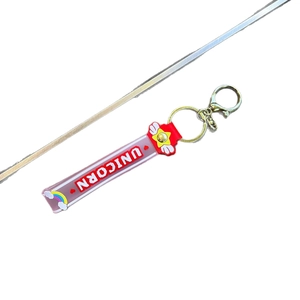 Portachiavi unicorno con cinturino in PVC viola e moschettone in metallo dorato
