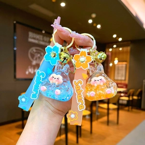 Cute Sakura Rabbit Liquid Sand Acrylic Keychain With Bell Silicone Strap Cartoon Bag Hanging Ornament Jewelry Gift For Girls