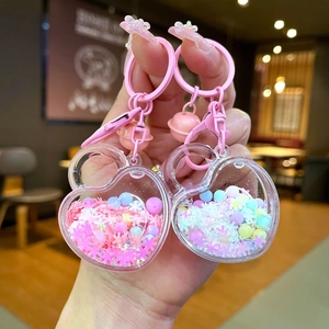 Heart Shaped Liquid Oil Keychain Snowflake Acrylic Pendant Cute Girly Bag Charm Luminous Heart Keyring For Girls Gift