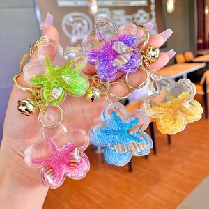 Acrylic Flower Starfish Quicksand Keychain With Bell Shell Lollipop Sea Style Bag Charm Pendant For Women Girls Gift