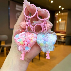 Cartoon Heart Liquid Quicksand Keychain Magic Wand Drift Bottle Pendant With Bell Glitter Sequins For Bags Girls Gift