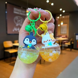 Cute cartoon animal keychain with liquid quicksand and colorful bell accessories