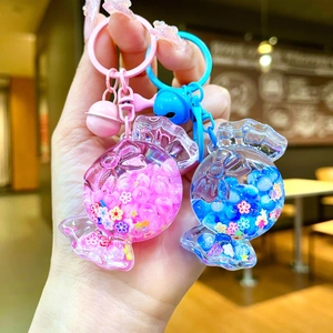 Cute Macaron Candy Luminous Quicksand Keychain Acrylic Colorful Beads Flower Pendant With Bell Bag Accessory Gift For Women