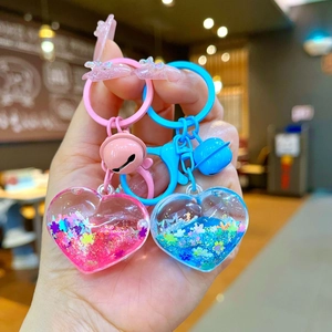 Heart Shape Liquid Quicksand Keychain Clear Acrylic Pendant With Sequins Stars Bell Lobster Clasp Cute Bag Charm Gift