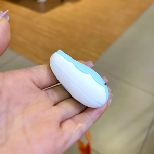 Close-up of a blue and white silicone Capybara keychain charm held in hand