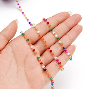 3mm multi-colored faceted crystal bead chain with gold stainless steel wire links
