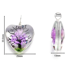 Pendentif cœur en verre Arbre de Vie avec fleurs séchées mauves et fil d'argent