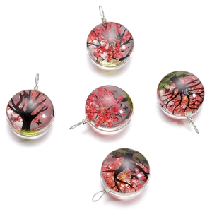 Vue détaillée de 5 pendentifs ronds en résine avec de vraies fleurs séchées rouges
