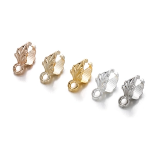 Detailed view of leaf-shaped metal pinch bails in five metallic finishes for DIY jewelry