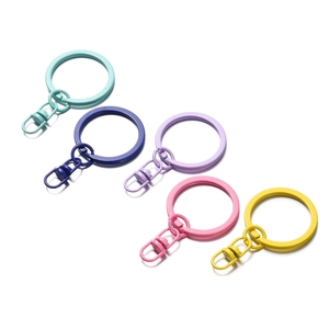 Close-up of assorted macaron color lacquer metal keyrings with rotating lobster clasps
