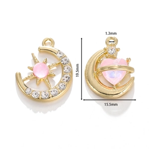 Mond und Herz Anhänger aus Legierung mit rosa Steinen und Zirkonia für DIY Schmuck