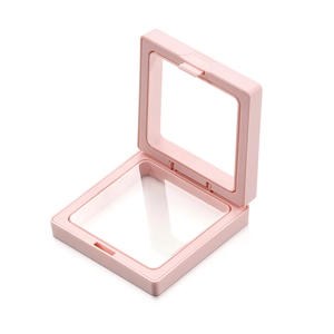 Close-up of pink jewelry box with elastic PE film and PUSH opening mechanism
