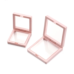 Pink 3D floating jewelry display frame with PE membrane showing the PUSH opening mechanism