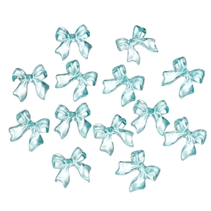 Macro detail of translucent blue resin bow charms for DIY nail art and phone case decor