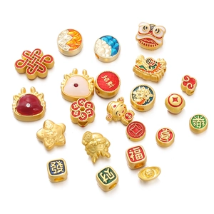 Golden alloy Chinese charm beads with colorful enamel lion and lucky character designs