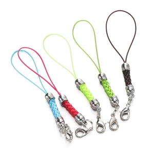 Detail of colorful braided phone lanyards with silver lobster clasps and metal caps