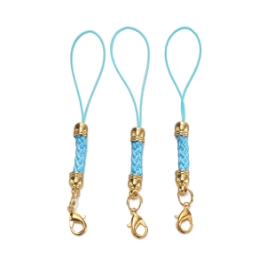 Three light blue braided phone lanyards with gold metal caps and lobster clasps