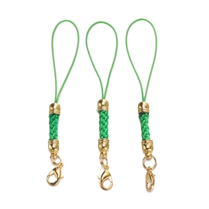 Three emerald green woven lanyards with gold metal sleeves and lobster clasps