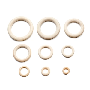 Detailed set of nine natural wood rings in various sizes for DIY crafts and handbag handles