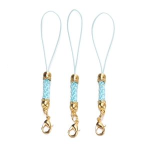 Three light blue braided phone lanyards with golden lobster clasps and metal end caps