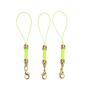 Detailed close-up of three neon green braided phone lanyards with gold lobster clasps